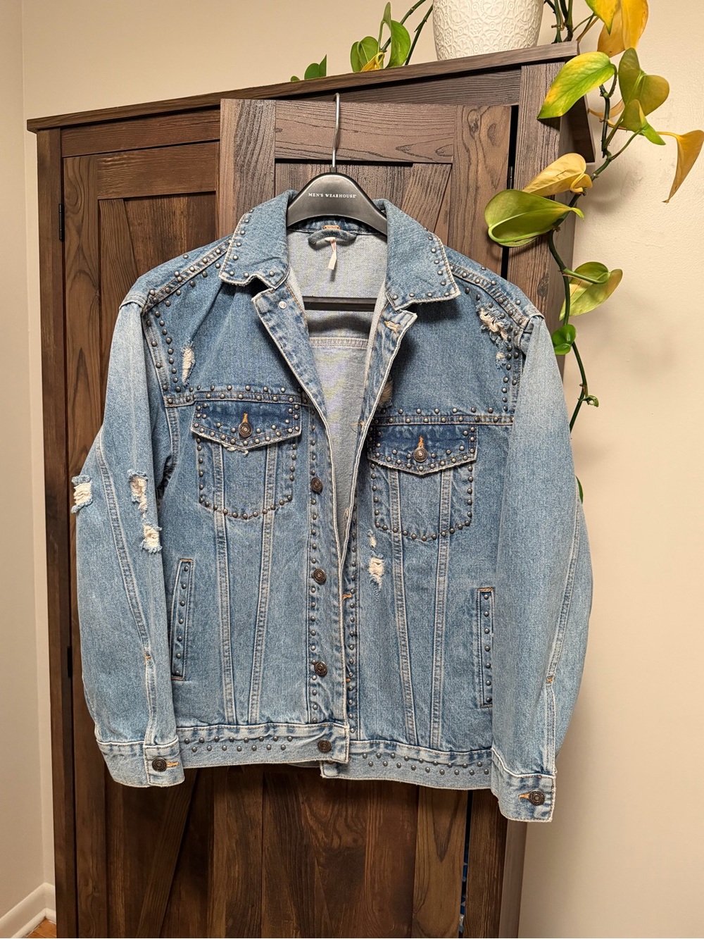 Free People Distressed Studded Denim Jacket